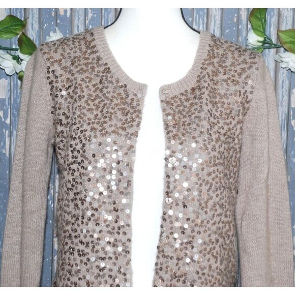 Ann Taylor Ladies Brown Snap Button Front Sequin Sweater Size M Stretch Career - Picture 5 of 9